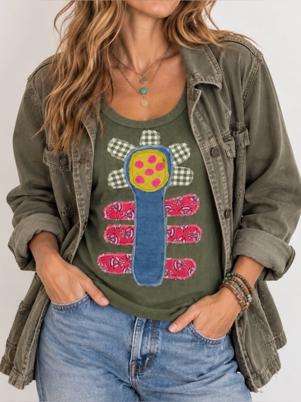 GAP Olive Ribbed Tank with Colorful Flower Appliqué